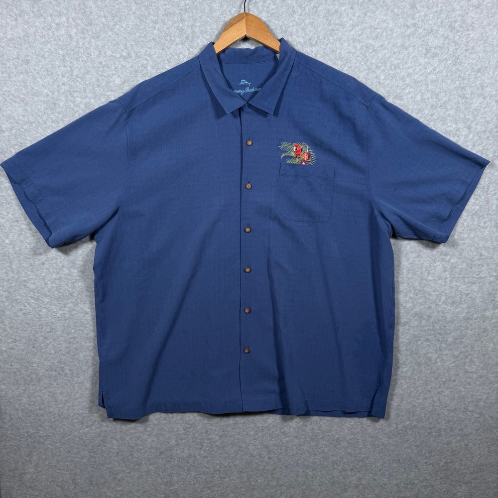 Tommy Bahama Mens 2XLB Blue Silk Oh Tan And Palm Christmas Hula Santa Shirt Loop